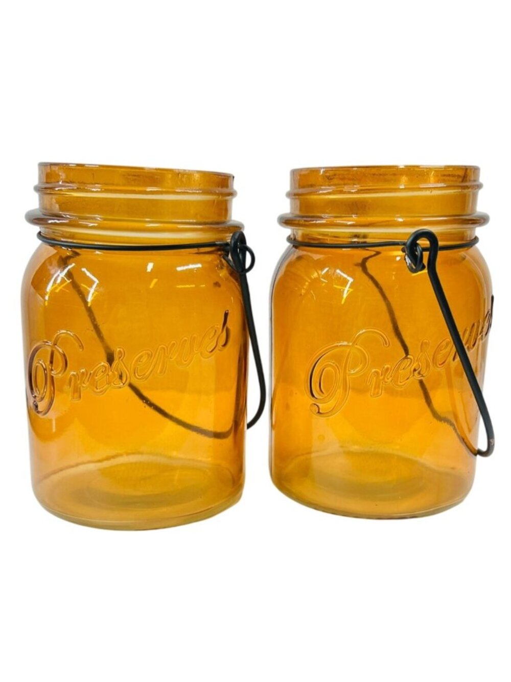 Set of 2 Amber Glass "Preserves" Jars with Wire Bail Handles - Rustic Farmhouse